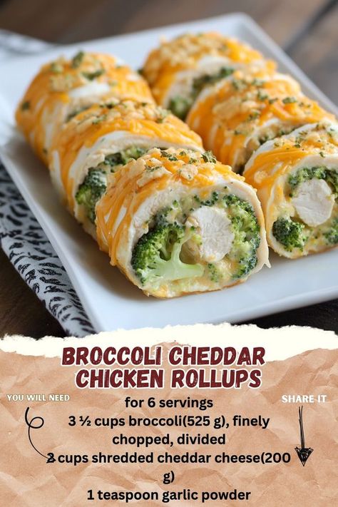 Grandma's guid recipes 🎂 | Broccoli Cheddar Chicken Rollups | Facebook Chicken Rollups, Recipes Broccoli, Broccoli Cheddar Chicken, Cheddar Chicken, Shredded Cheddar Cheese, Broccoli Cheddar, Roll Ups, 2 Cups, Garlic Powder