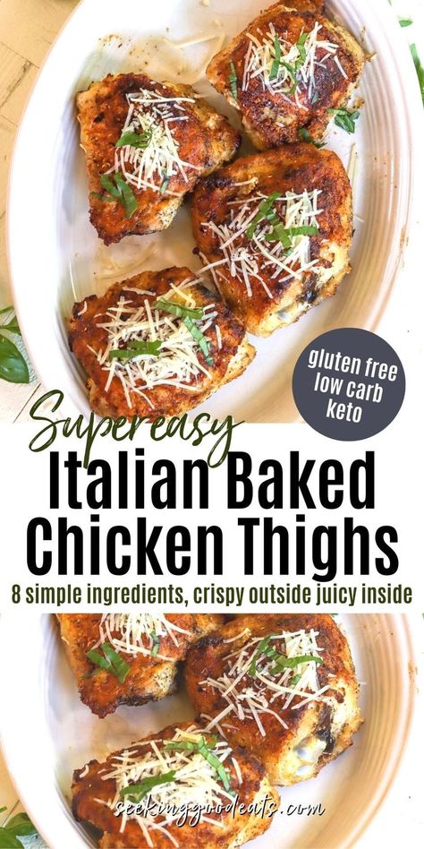 Italian baked chicken thighs are super easy to make, flavorful, tender on the inside and crispy on the outside. 😀This healthy chicken recipe is sure to be a family favorite. This recipe is gluten free, low carb, and keto. Keto chicken thighs are so delicious! Healthy Chicken Recipe, Best Chicken Thigh Recipe, Keto Chicken Thighs, Healthy Chicken Thigh Recipes, Chicken Thighs Dinner, Keto Chicken Thigh Recipes, Italian Baked Chicken, Crispy Baked Chicken Thighs, Low Carb Chicken Recipes