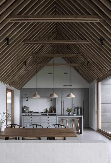 Barn House Kitchen, Mountain House Design, Barn House Interior, Oak Framed Buildings, Grey Kitchen Designs, Barn Kitchen, Long House, Modern Barn House, Architecture Model House