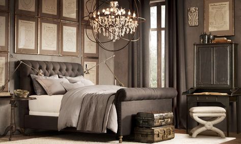 This is actually pretty different for me, but cool nonetheless - Orb Chandelier Bedroom #gray Restoration Hardware Bedroom, Lustre Industrial, Industrial Chic Style, Orb Chandelier, Bedroom Minimalist, Classic Chandelier, Industrial Chandelier, Grey Bedroom, Industrial Chic