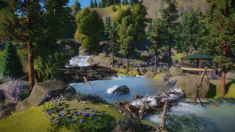 I created a Beaver Habitat in my Yosemite Valley, and I think it works. : PlanetZoo Beaver Habitat, Zoo Boo, Zoo Inspiration, Zoo Games, Zoo Map, Zoo Crafts, Zoo Tycoon, Zoo Project, Poison Dart Frog