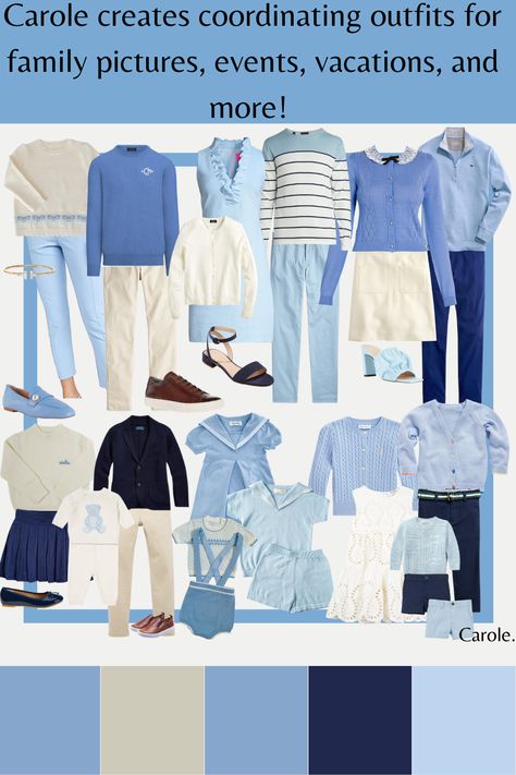 Complete outfits, ready to shop! Ready made coordinating clothes for women, men, and children. All you do is select what you want and check out! Perfect for your family's needs and style preferences - whether preppy, formal, modern, or somewhere in-between! Perfect for family pictures, family events, family vacations, and more! Light Blue Matching Colors Outfit, Light Blue Combination Outfit, Light Blue Family Pictures Outfits, Blue And White Family Photo Outfits, Light Blue Colour Combination, Light Blue Outfit Ideas, Family Portrait Photography Poses, Blue Outfit Winter, Preppy Family