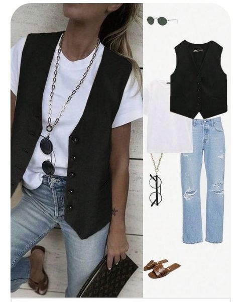 Tshirt Vest Outfit, Vest With Tshirt, Tshirt Business Casual, Vest Top Outfits, Vest Outfit Women, Black Vest Outfit, White Tshirt Outfit, Waistcoat Outfit, Vest Outfits For Women