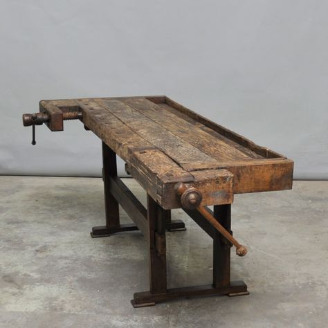 Antique Work Table, Cottage Garden Sheds, Rustic Desk, Vintage Side Table, Woodworking Table, Woodworking Hand Tools, Work Bench, Woodworking Bench, Workshop Storage