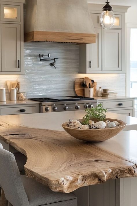 Sandy Coast Kitchen Holistic Kitchen Design, White Earthy Kitchen, Earthy Tone Kitchen, Earthy Kitchen Ideas, Natural Kitchen Design, Sandy Kitchen, Pnw Coast, Earthy Homes, Satya Yuga