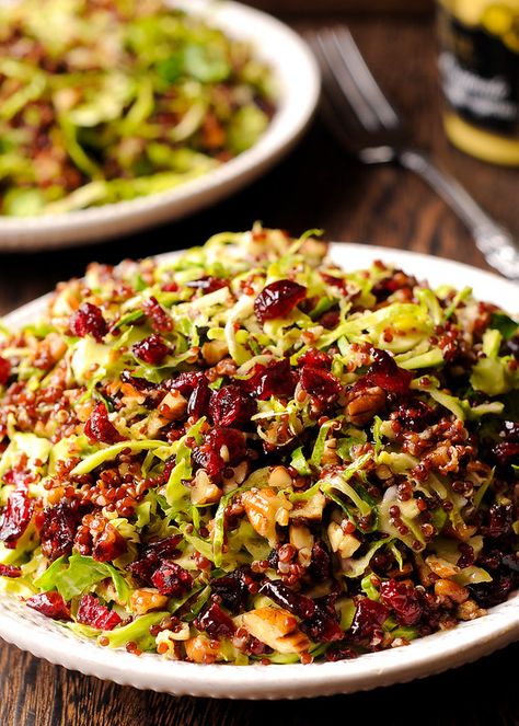 Shaved Brussel Sprout Salad, Warm Salad Recipes, Brussels Sprout Salad, Crispy Quinoa, Mustard Vinaigrette, Honey Mustard Vinaigrette, Sprout Salad, Shredded Brussel Sprouts, Arroz Frito