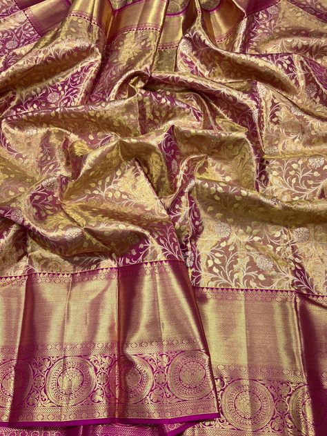 Kanchipuram Tissue Silk Saree Wedding, Tissue Silk Saree Gold, Kanchipattu Sarees, Saree Colors, Gold Silk Saree, Engagement Looks, Dupion Silk Saree, Latest Silk Sarees, Blue Silk Saree