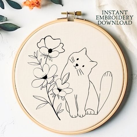 Floral Cat Hand Embroidery PDF Printable Cute Cat Hand Embroidery Pattern Cat Lover Gift Modern Embroidery Cat Hoop Art Download Pattern Embroidery Cat Patterns, Embroidery Cat Face, Cat Hand Embroidery, Kitten Embroidery, Cat Hand, Printable Cute, Pattern Cat, Diy Embroidery Patterns, Floral Cat