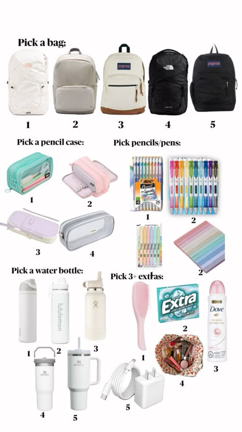 Pick your items for school! School Backpack Outfit, 7th Grade Tips, Middle School Essentials, School Backpack Essentials, Preppy School Supplies, School Preparation, After School Routine, School Bag Essentials, Backpack Essentials