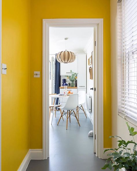 Yellow hallway design by Andrew Jonathan Design. Mister David by Little Greene Paint Co frames a view of the kitchen with a bright punch of colour. Fresh, zingy and energising. Yellow Interior Design, Yellow Hallway, London Weather, All White Room, Small Bedroom Remodel, Dark Hallway, Bedroom Remodel, Yellow Interior, London Flat