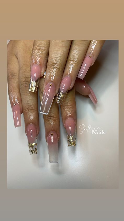 Encapsulated Nails, Pretty Acrylic Nails, Gold Butterfly, Dope Nails, Cute Nails, Acrylic Nails, Butterflies, Nail Art, Nails