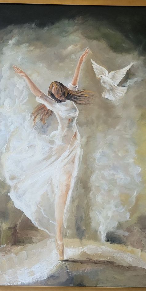 Free Love, Love Bird, Figurative, Original Oil, A Woman, White