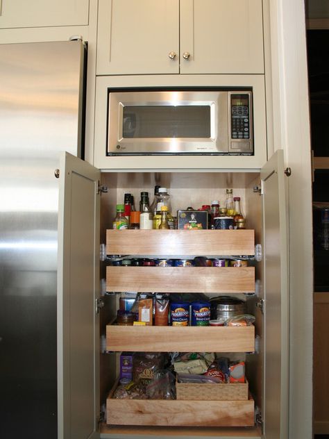 Kitchen Microwave Storage Design, over small pantry Microwave In Pantry, Pantry Redo, Microwave Storage, No Pantry Solutions, Microwave Cabinet, Microwave Shelf, Kitchen Transitional, Built In Pantry, Kitchen Improvements