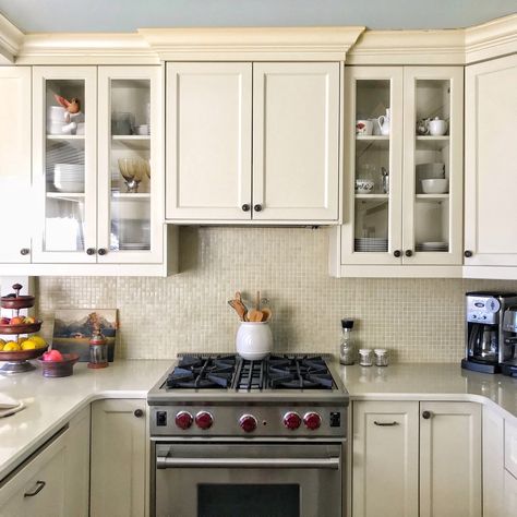 Small kitchen with exhaust fan hidden up inside cabinetry rather than large hood dominating the space. Wolf stove, BM Seaspray cabinetry Kitchen Stove Exhaust Hoods, Hidden Exhaust Hood Kitchen, Oven Exhaust Hood, Exhaust Fan Kitchen Stove Hoods, Kitchen Exhaust Fan Ideas Stove Hoods, Hidden Vent Hood Kitchen, Wolf Stove Kitchen, Kitchen Exhaust Hood Ideas, Kitchen Exhaust Fan Ideas