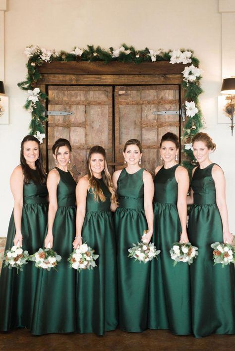 Summer Dresses For Weddings Code: 6061458854 #WeddingThemes Green Satin Bridesmaid, Satin Bridesmaids Gowns, Emerald Wedding Colors, Winter Wedding Bridesmaids, Dark Green Bridesmaid Dress, Winter Bridesmaids, Winter Bridesmaid Dresses, Bridesmaid Dresses Satin, Green Wedding Dresses