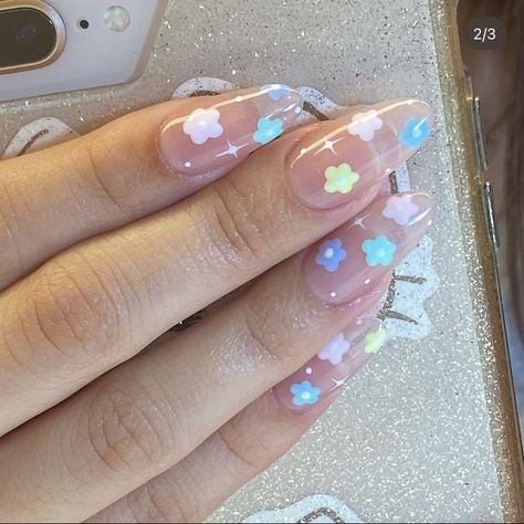 Clear Acrylic Nails With Design Flower, Cute Pastel Pink Nails, Danish Pastel Nails, Pastel Flower Nails, Cute Girly Nails, Soft Girl Nails, Indie Nails, Pastel Pink Nails, Gel Nail Set