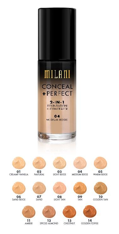 Milani 2in1 foundation and concealer shades Milano Conceal And Perfect, Milani Conceal And Perfect Swatches, Milani Foundation Shades, Milani 2 In 1 Foundation, Milani Concealer, Milani Foundation, Nyx Foundation, Milani Conceal And Perfect, Milani Makeup