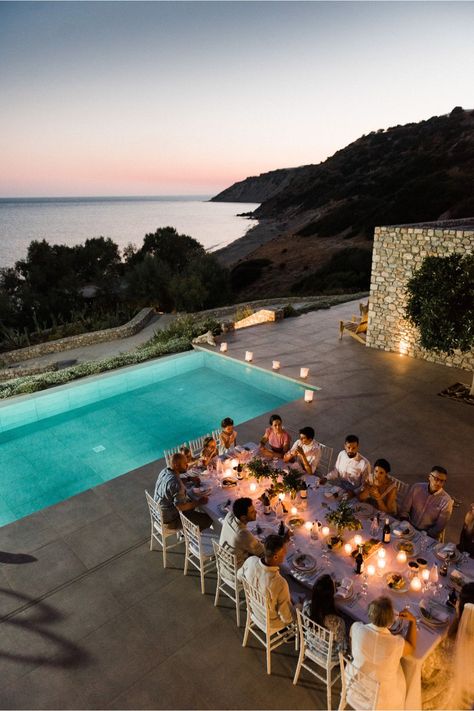 Wedding In Villa, Crete Wedding Ideas, Elopement Wedding Dinner, Private Wedding Ceremony Ideas, Small Private Wedding Dinner, Private Villa Wedding, Greece Villa Wedding, Beach House Wedding Decor, Small Beach House Wedding