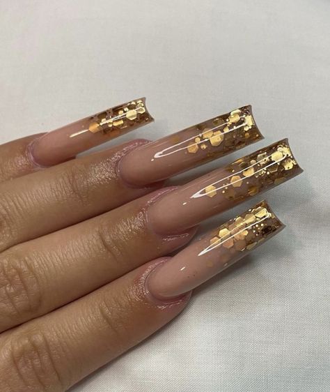 Nail Square, Colourful Acrylic Nails, Acrylic Nail Designs Coffin, Horror Nails, Gold Acrylic Nails, Encapsulated Nails, Acrylic Nail Set, Gold Glitter Nails, Ombre Nails Glitter