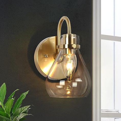 Brass Wall Mount Light, Gold Vanity Light, Gold Sconces, Gold Vanity, Wall Lights Bedroom, Bathroom Sconces, Bathroom Vanity Light, Gold Bathroom, Glass Bathroom