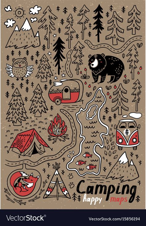 Funny Maps, Animals In The Forest, Camping Illustration, Camping Snacks, Hand Drawn Map, Drawn Map, Hand Drawn Vector Illustrations, Free Art Prints, Hand Drawn Vector