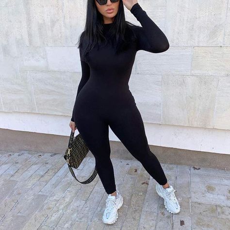 Black One Piece Jumpsuit, Slim Jumpsuit, Casual Activewear, Stylish Jumpsuit, Jumpsuit Outfit, Long Romper, Jumpsuits And Romper, Casual Sportswear, Long Sleeve Jumpsuit