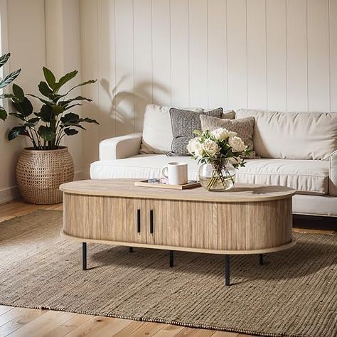 Storage coffee table family room Small Coffee Tables For Small Spaces, Hoboken Apartment, Wood Coffee Table Living Room, Oval Wood Coffee Table, Tambour Doors, Oval Coffee Table, Hype House, Mid Century Modern Coffee Table, Sleek Aesthetic