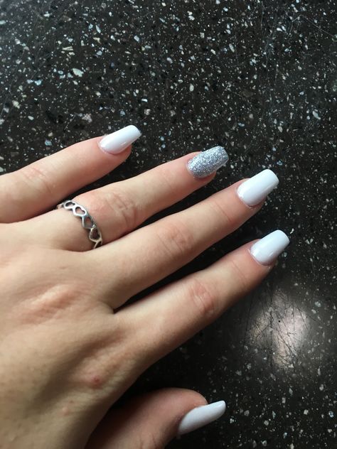 White Nails With Silver Ring Finger, Ring Finger Design, Blue Sparkly Dress, Sns Nails Colors, Hoco Nails, Blue Nail Color, White Coffin Nails, Matte Nail Art, 2023 Prom