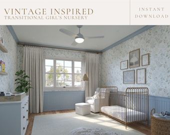 DIY a perfect nursery for your little one! Currently ON SALE for $29.25 during CYBER MONDAY SALE! Interior home design. DIY. Vintage Inspired. Unique. Nursery design. Wallpaper. Vintage Wallpaper. Baby room. Cohesive design. Simple. Elegant. One of a kind. Nursery Vintage Wallpaper, English Style Nursery, Bridgerton Themed Nursery, Blue Vintage Nursery, Light Blue Girls Nursery, Pepper Home Nursery, French Blue Nursery, Nancy Meyers Nursery, Slate Blue Nursery