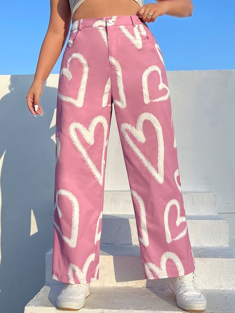 Print Jeans Outfit, Dusty Pink Style, Print Wide Leg Pants, Fun Pants, Printed Wide Leg Pants, Pink Jeans, Plus Size Pants, Pink Pants, Really Cute Outfits