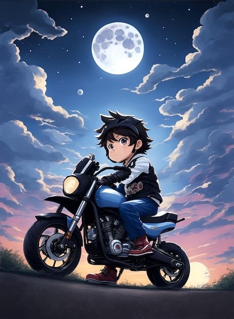 An anime boy wears a driving suit and ri... | Premium Photo #Freepik #photo #kawasaki #motorcyclist #motorcycle-biker #motorcycle-rider Clouds At Night, Riding Scooter, Under The Moonlight, Boys Wear, An Anime, Premium Photo, At Night, Art For Kids, Anime Boy