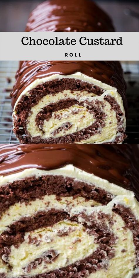 Custard Buttercream, Cake With Custard, Chocolate Angel Food Cake, Jelly Roll Cake, Chocolate Roll Cake, Decadent Chocolate Desserts, Cake Roll Recipes, Chocolate Custard, Chocolate Roll