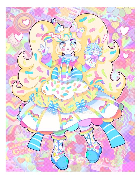 AT- Confetti by MimoCherry on DeviantArt Royale High Decora Outfits, Candy Themed Character Design, Decora Fashion Dti Outfit, Fairy Kei Mini Dress For Party, Fairy Kei Art, Decora Oc Art, Different Drawing Styles, Pop Characters, Hello Kitty House