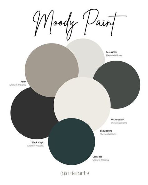 Black Paint Scheme, Black Paint Pallet, Color Scheme With Black And White, Moody Color Palette Sherwin Williams, Black Interior Paint Ideas, Black Paint Palette, Modern Industrial Paint Colors, Moody Modern Color Palette, Black Bedroom Color Palette