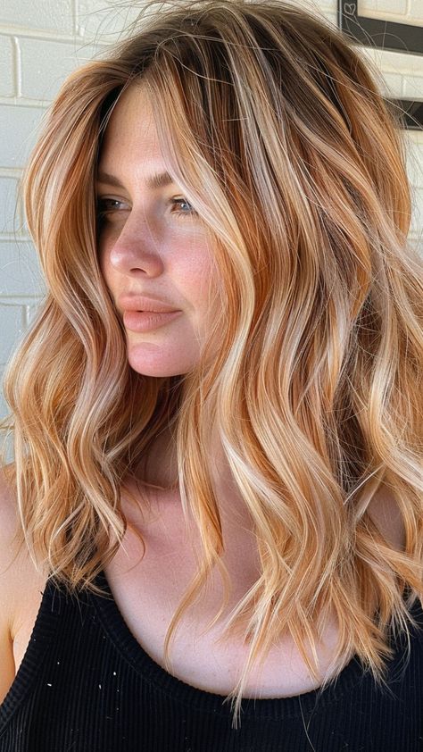 Strawberry Blonde Hair Root Melt, Brown Hair Peach Highlights, Fall Hair For Cool Skin Tones, Honey Blonde Fall Hair, Cool Copper Hair Color, Cool Toned Copper Hair, Copper Peach Blonde Hair, Peach Color Hair, Peachy Blonde Hair