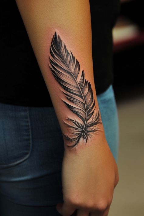 Forearm tattoo of a detailed black and grey feather. Feather Tattoo Ideas For Women, A Feather Tattoo, Feather Tattoo Ideas, Phoenix Feather Tattoos, Wolf Tattoo Forearm, Arm Cover Up Tattoos, Female Tattoo Ideas, Indian Feather Tattoos, Lower Arm Tattoos