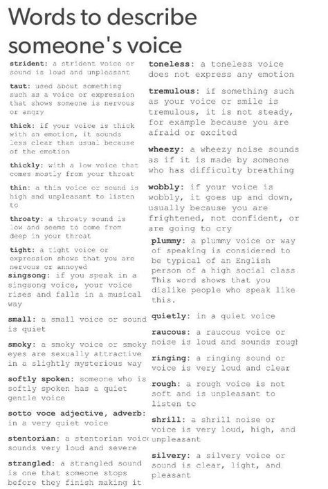 Which voice type are you? Club Writing Prompt, Character Voice Description, Oc Things To Know, Setting Development Writing, Writing Voice Description, How To Describe Muscles In Writing, Traumatized X Traumatized Dynamic, Laugh Descriptions Writing, Poetry Writing Promts