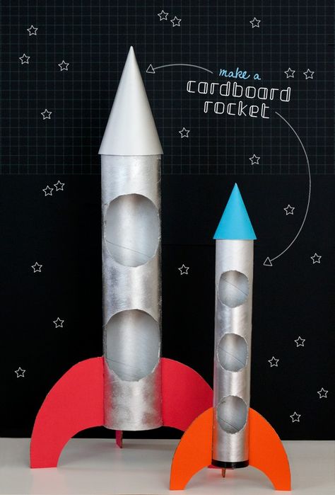 BLAST OFF WITH THESE 8 FUN WAYS TO MAKE A ROCKET Make A Rocket, Cardboard Rocket, Paper Rockets, Diy Karton, Rockets For Kids, Party Projects, Paper Roll Crafts, Kids Projects, Space Party