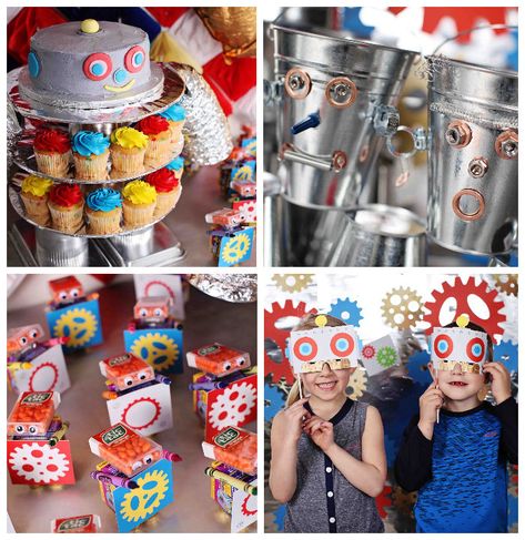 Fabulous Robot themed birthday party via Kara's Party Ideas KarasPartyIdeas.com #robot #robotparty #karaspartyideas (1) Robot Party Ideas, Robot Party Food, Robot Themed Birthday Party, Robot Party Favors, Rescue Bots Birthday Party, Robot Mask, Rescue Bots Birthday, Robot Cake, Robot Decorations