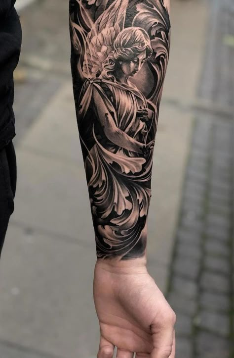 Religious Tattoo Sleeves, Religous Tattoo, Angel Sleeve Tattoo, Realistisches Tattoo, Filigree Tattoo, Men Tattoos Arm Sleeve, Forarm Tattoos, Forearm Sleeve Tattoos, Half Sleeve Tattoos For Guys