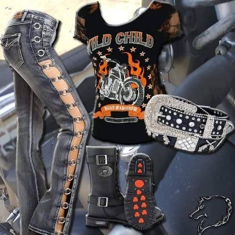 Motorcycle Outfits For Women, Biker Babe Outfit, Motorcycle Jewelry, Biker Chic Fashion, Dreaming Outloud, Womens Motorcycle Fashion, Biker Clothes, Biker Chick Outfit, Biker Mom