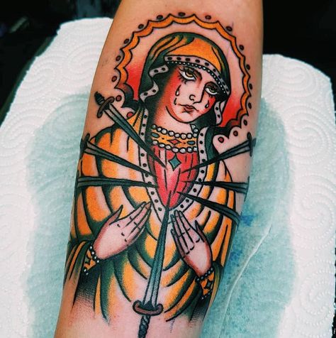 Our Lady of Sorrows by Dennese 🗡 DM to book 📖 #goodhandtattoo Our Lady Of Sorrows Tattoo, Lady Of Sorrows Tattoo, Traditional Tattoo Inspiration, Lady Of Sorrows, Philippine Art, Our Lady Of Sorrows, American Traditional Tattoo, American Traditional, Creative Tattoos