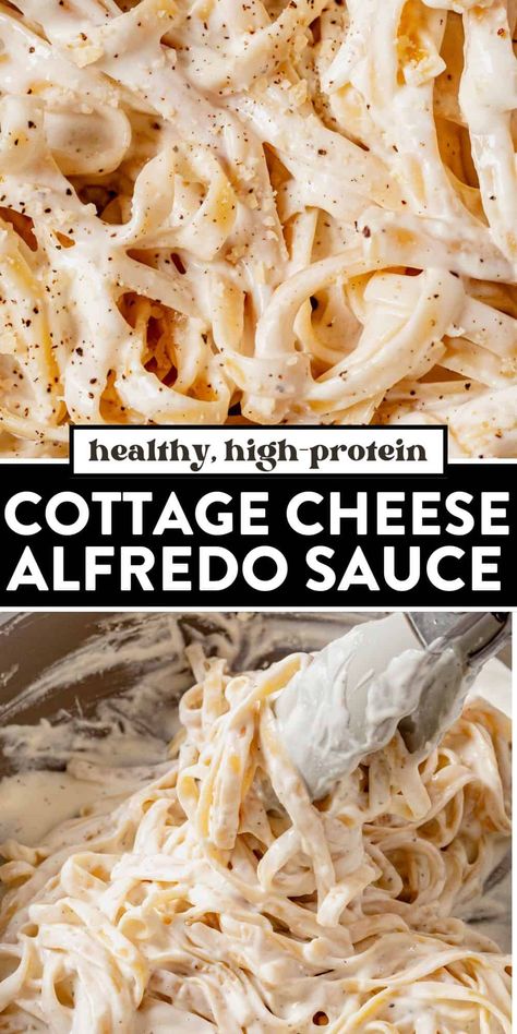 This cottage cheese alfredo comes together in 15 minutes or less and has the same rich and creamy texture as regular alfredo sauce. Skip the heavy cream and butter because this high protein sauce goes well with any pasta dish! It's the best easy, healthy recipe for a weeknight dinner. Thm Alfredo Sauce, Healthy Cream Pasta Sauce, Healthy Cottage Cheese Alfredo Sauce, Healthy Cottage Cheese Pasta, Chicken Alfredo Cottage Cheese, High Protein Fettuccine Alfredo, Healthy Cream Sauce For Pasta, Cottage Cheese Pasta Sauce Recipes, High Protein Pasta Dishes