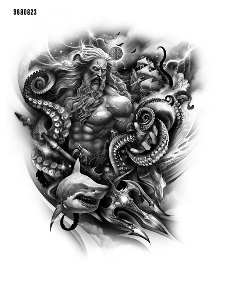 Posiden Chest Tattoo, Zeus Vs Poseidon, Neptune Tattoo, Poseidon Statue, Nautical Tattoo Sleeve, Kraken Tattoo, Poseidon Tattoo, Animal Sleeve Tattoo, Wolf Tattoo Sleeve