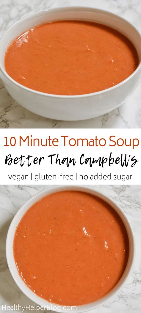 10 Minute Tomato Soup - Better Than Campbell's | The BEST homemade tomato soup you'll ever have! This copycat Campbell's recipe is vegan, gluten-free, low in fat & calories, and is ready in LESS than 10 minutes. Best Homemade Tomato Soup, Tomato Soup From Scratch, Homemade Grilled Cheese, Soup Tomato, Campbells Recipes, Homemade Tomato Soup, Vegan Tomato Soup, Fat Burning Soup, Tomato Soup Homemade