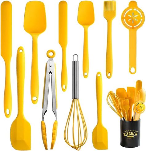 Kitchen utensils set provides different shapes and sizes,Including the large/small jar spoon spatula,egg whisk,Kitchen Tongs and silicone brush etc,to meet your needs. Each one has its unique use.They would be your great companion in the kitchen. Easy storage & easy clean, This silicone spatula set with Iron utensils holder ,A utility hanging hole on each spatula at the end for easy hanging.The utensil holder keeps utensils neatly stored.suitable for dishwasher cleaning. Silicone Cooking Utensils, Iron Holder, Silicon Utensils, Tongs Kitchen, Spatula Set, Kitchen Utensil Set, Silicone Spatula, Silicone Kitchen, Nonstick Cookware