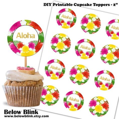 Aloha Cupcake Toppers Printable Floral Hawaiian Luau Party Decor Hibiscus Flowers Tropical Gift Tags Circle Confetti Instant Download DP1004 Hawaiian Flower Cupcakes, Luau Birthday Party Cupcakes, Hawian Theme Cupcakes, Pool Party Cupcake Toppers, Hawaiian Cupcake Toppers, Luau Party Decor, Hawaiian Cupcakes, Hawaii Cake, Cupcake Toppers Free