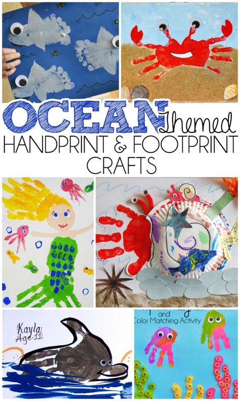 Ocean Themed Handprint & Footprint Crafts Shark Handprint Art, Handprint Mermaid, Roman Crafts, Ocean Theme Crafts, Footprint Crafts, Hand Prints, Sea Crafts, Ocean Crafts, Footprint Art