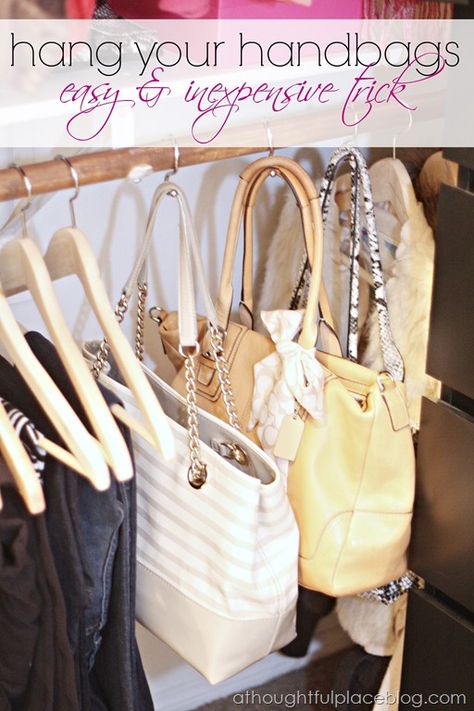 purses Hanging Purses, Best Closet Organization, A Thoughtful Place, Closet Hacks Organizing, Shower Rings, Purse Storage, Closet Organizing Systems, Handbag Storage, Closet Organization Diy