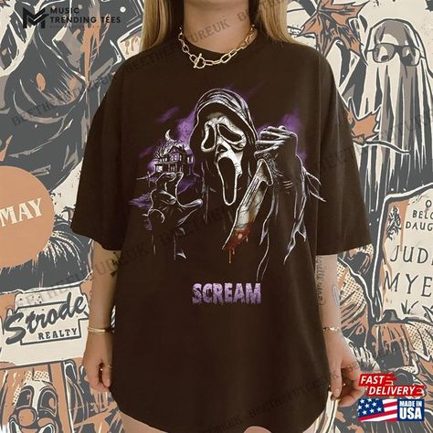 Vintage Scream Ghostface Shirt Horror Movie Retro 90S T-Shirt Sweatshirt Check more at https://musictrendingtees.com/product/vintage-scream-ghostface-shirt-horror-movie-retro-90s-t-shirt-sweatshirt/ Ghostface Shirt, Scream Ghostface, Brown Shirt, Movie T Shirts, Retro 90s, Jenna Ortega, Horror Movie, Scream, Horror Movies